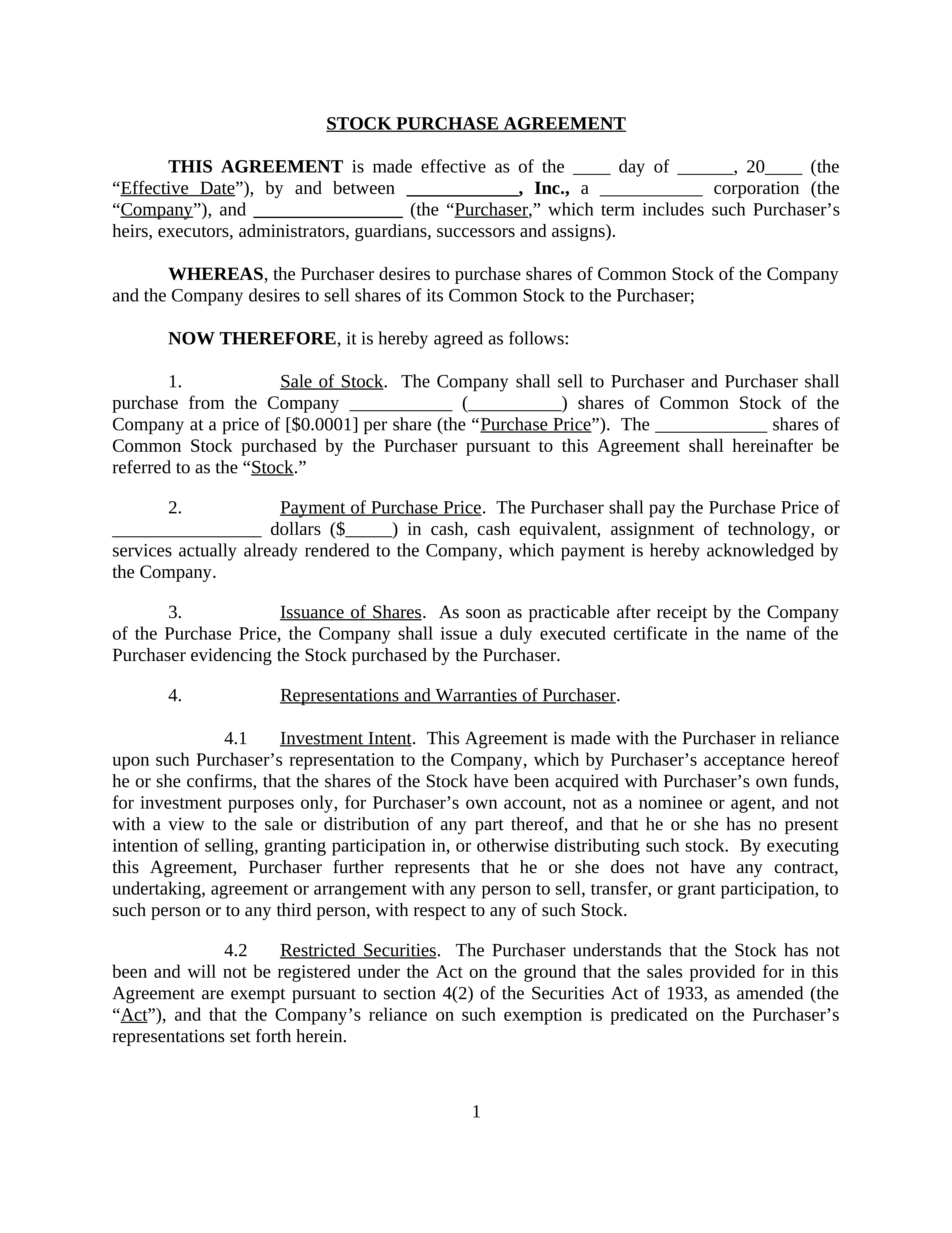 Common Stock Purchase Agreement with vesting